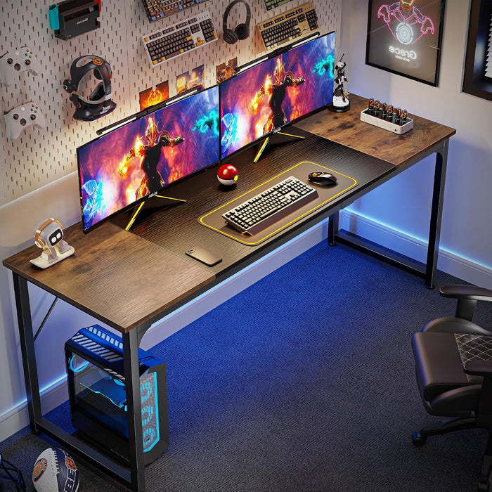 Computer Desk, 70 Inch Office Desk, Gaming Desk with Storage, Writing Desk Work Desk for Home Office, Study, Long Simple Desk, Large Legroom, Metal Frame, Rustic Brown and Black