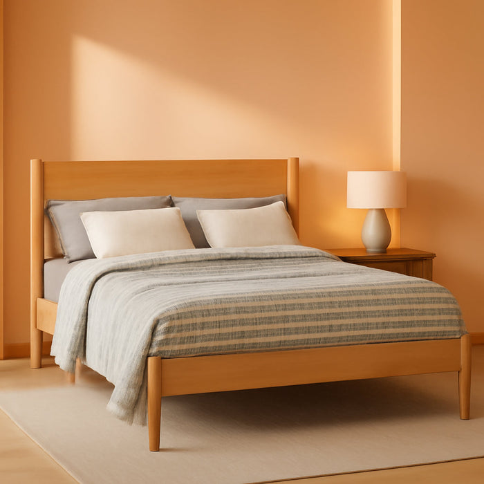 Mid-Century Panel Bed - Queen Size - Scandinavian Oak Finish