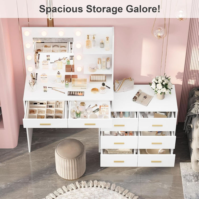 61" Vanity Desk with Mirror & Lights, White Makeup Dressing Table with 8 Drawers & 2 Shelves, 3 Lighting Modes with Adjustable Brightness for Bedroom, White