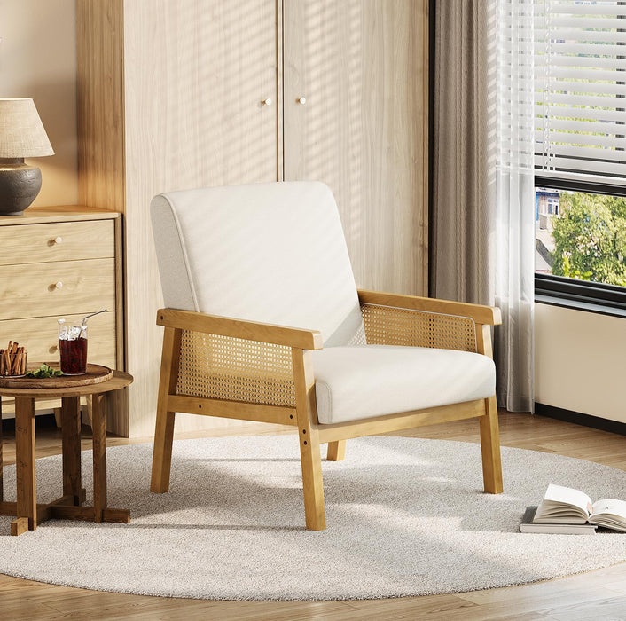 Beige Rattan Accent Chair With Upholstered Backrest