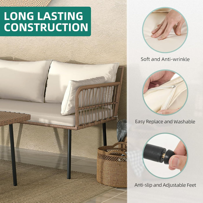 4-Piece Wicker Patio Furniture Set, All Weather PE Rattan Conversation Set Sectional Sofa with Soft Cushions & Side Table, Porch Furniture for Deck, Balcony, Backyard - Beige