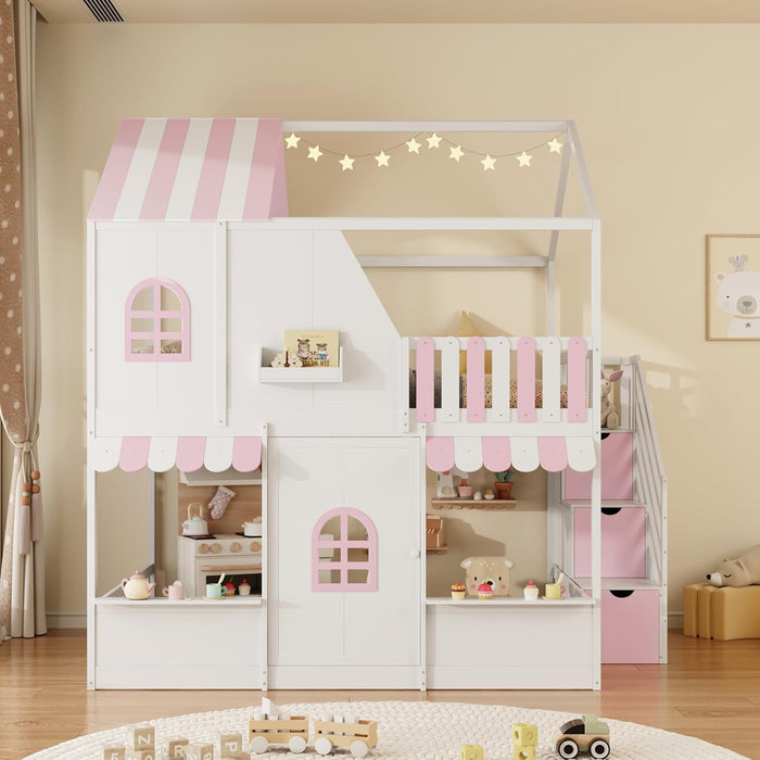 Full-Size House-Bunk Bed With Pink StorageCompartments