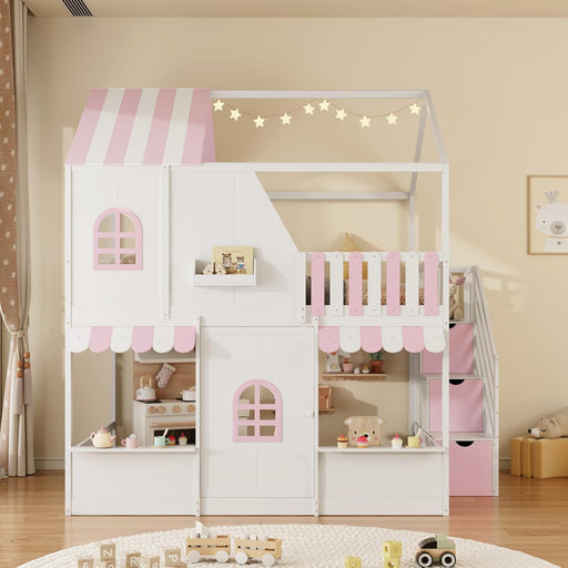 Full Over Full House Bunk Bed StorageStaircaseWithDrawersWhitePink