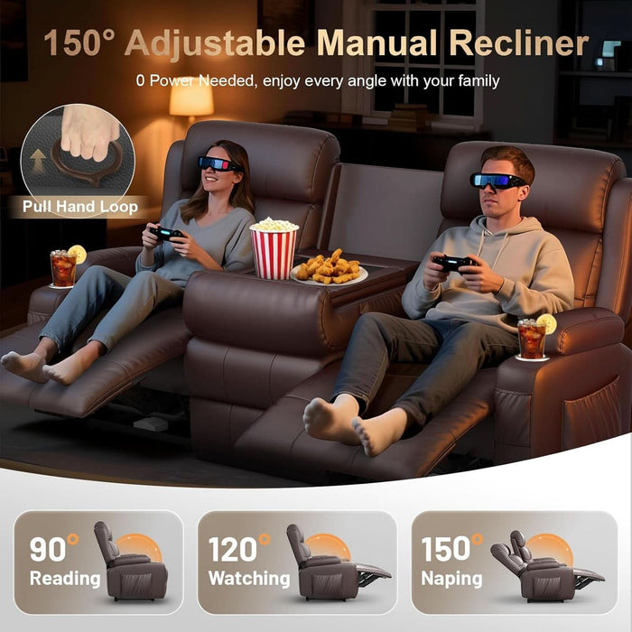 3-Seater Loveseat Recliner Sofa, Home Theater Seating Reclining Couch with Flip Middle Backrest, RV Wall Hugger Sleeper with LED Lights, Massage, Dawer & Cup Holders, 150° Recline for RV & Living Room