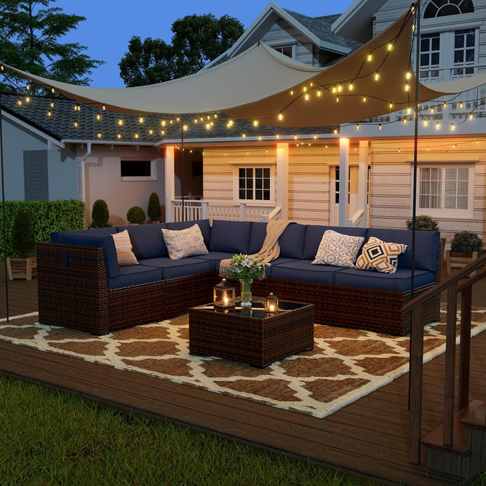 7 Pieces Patio Furniture Set, Outdoor Furniture Sectional Rattan Sofa with Slanted Back, Patio Couch with Glass Coffee Table for Backyard Garden Navy Blue (Waterproof Cover)
