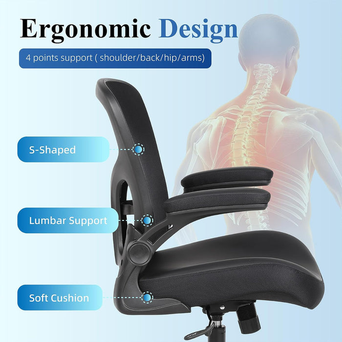 Ergonomic Office Chair, Flip-Up Armrest, Mesh Back PU Leather Seat