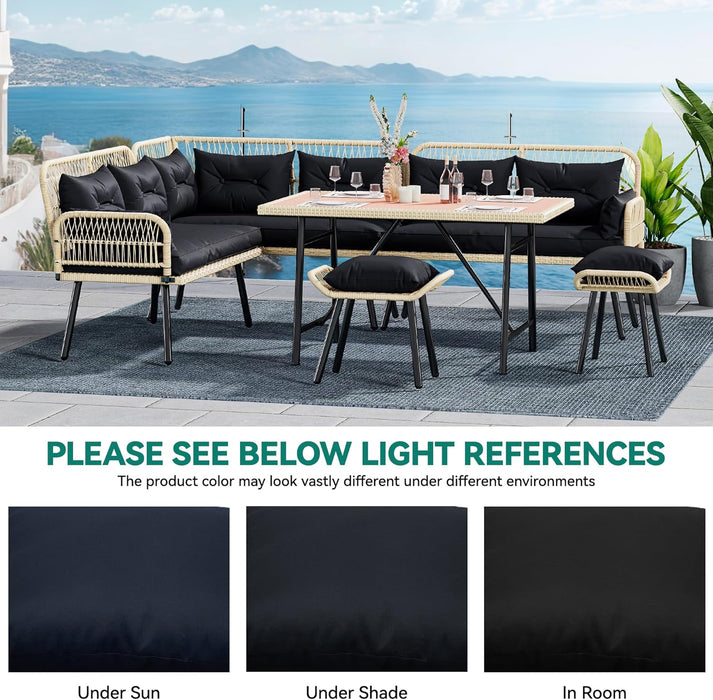 Patio Wicker L-Shaped Furniture Set, All-Weather Rattan Outdoor Conversation Sofa Set for Backyard Deck with Soft Cushions,Ottomans and Plastic Wood Dining Table (Light Brown+Black)