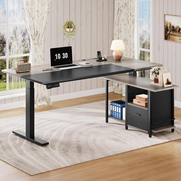 L Shaped Standing Desk with Power Outlets, 70.1" Electric Standing Desk Adjustable Height Sit Stand Corner Standing Desks Executive Desk with Drawers & Shelves, Grey + Black
