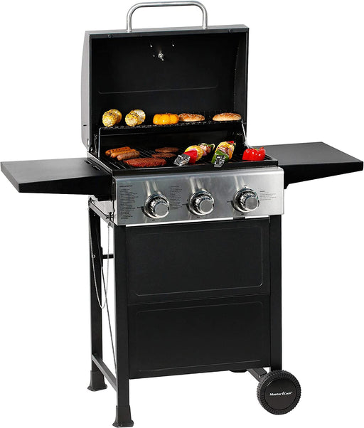 3 Burner BBQ Propane Gas Grill, Stainless Steel 30,000 BTU Patio Garden Barbecue Grill with Two Foldable Shelves