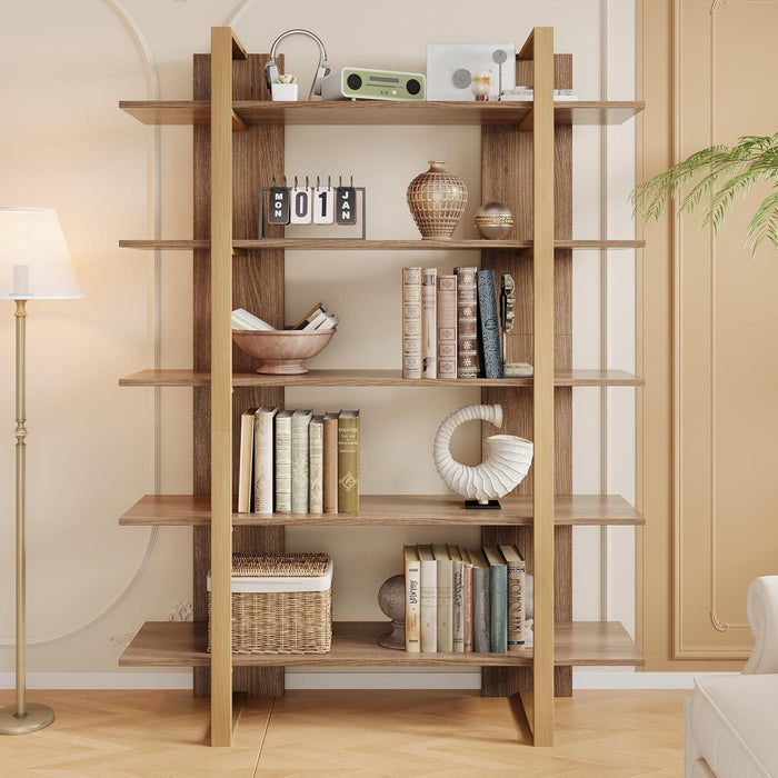 Five Tiered Bookshelf Metal Frame Beige Oakwoodfinish
