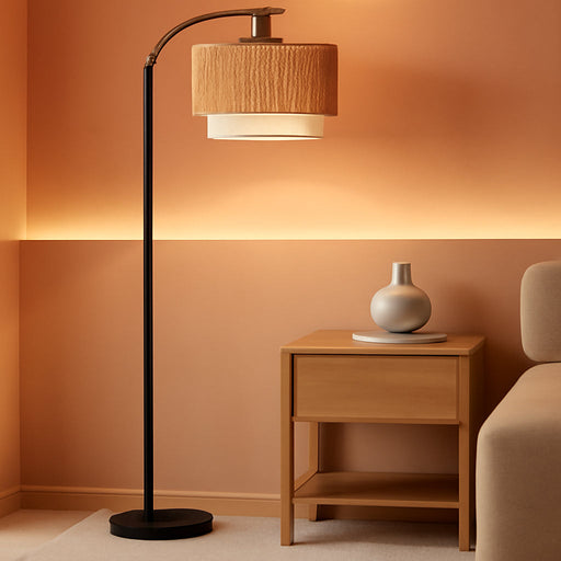 Floor Lamps for Living Room with 12W LED Bulb, Arc Floor Lamp with 3 Color Temperatures, Farmhouse Floor Lamps with Adjustable Rattan & Fabric Shades, Boho Standing Lamp for Bedroom, Corner