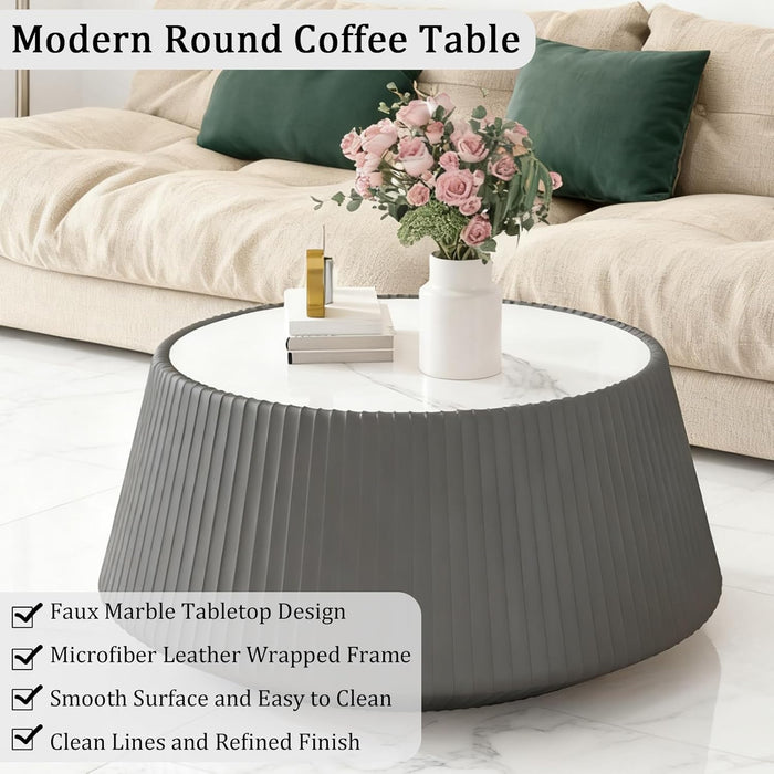 Grey round Coffee Table with Sintered Stone Tabletop, 26.77" Drum Coffee Table with Fluted PU Leather Covered and Stable Base, Circle Cocktail Tea Table for Living Room