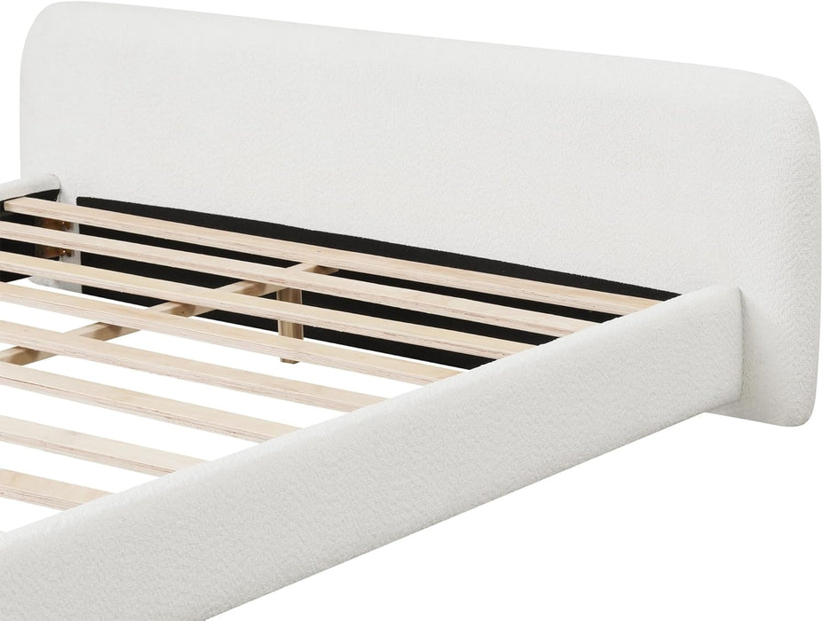 King Size Thick Bouce Fabric Upholstered Platform Bed with Curved Shaped Headboard, Wood Bed Frame for Kids Teens Adults, White