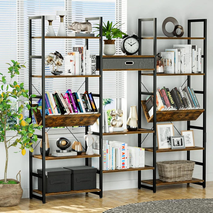 Triple Wide 5 Tier Bookshelf, Adjustable Rustic Industrial Style Book Shelves, Modern Bookcases and Bookshelves Furniture for Bedroom, Living Room and Home Office, Vintage Brown