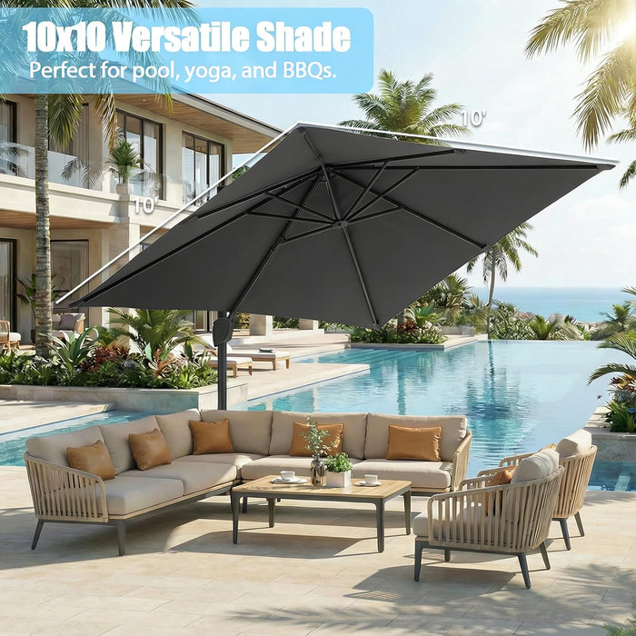 Large Cantilever Patio Umbrella, 10 Ft X 10 Ft Heavy Duty Aluminum Cantilever Offset Outdoor Umbrella with 360-Degree Rotation for Backyard, Deck, Pool (Grey)