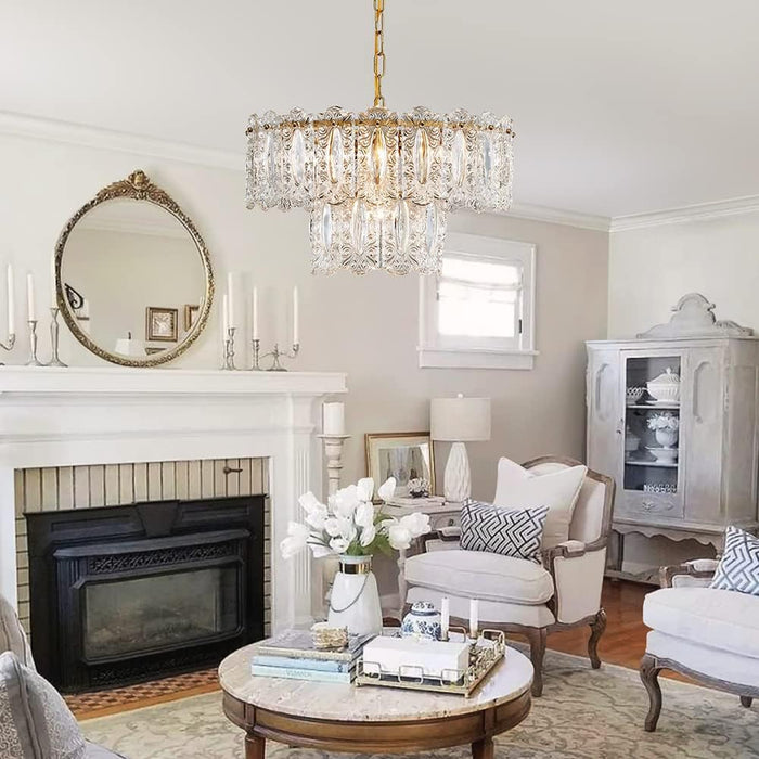 Elegant Glass Chandelier Light Fixture, Modern Vintage Pendant Chandelier Lighting for Dining Room, D18 X H10, 2- Tier Shade & Brass Gold Finish