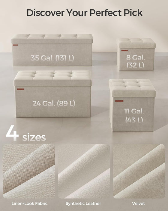 Mazie Collection - Storage Ottoman Bench, Foldable Foot Rest, 15 X 43 X 15 Inches, End of Bed Bench, Storage Chest, Load 660 Lb, Living Room, Bedroom, Entryway, Cream White ULSF277W01