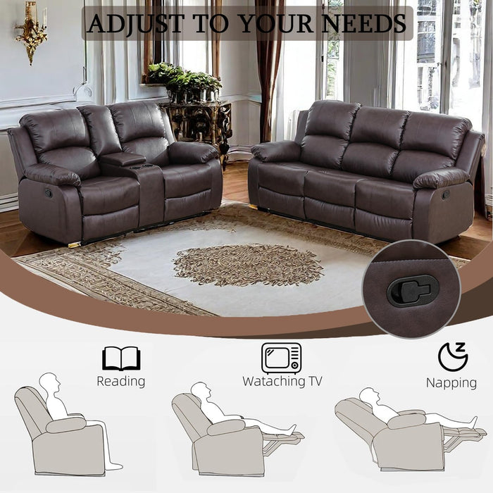 2 Pieces Leather Recliner Sofa Set，Recliner Sofa and Loveseat Sets for Living Room Furniture，Brown Reclining Couch with 4 Recliners for Living Room/Office/Theater Seating(Sofa Set 2 Pieces)