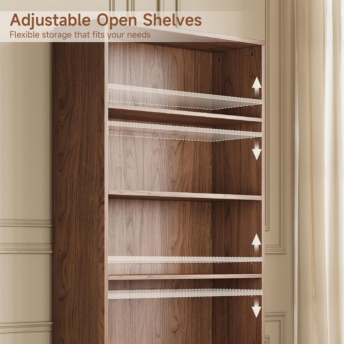 71" Tall Bookshelf with Cabinet, 5 Tier Fluted Bookcase Walnut | with Sliding Door, Adjustable Display Shelf, Free Standing Cube Storage Organizer, Wood Shelving Unit Living Room & Office