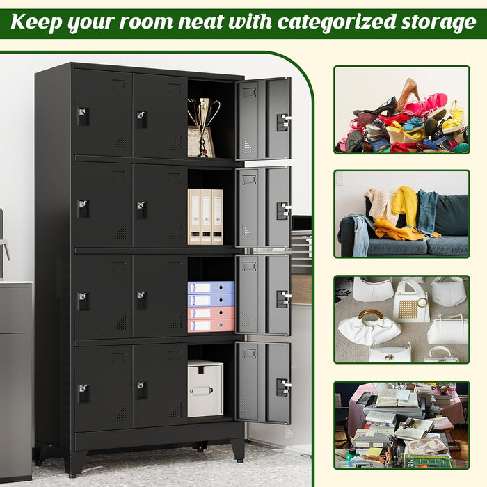 12 Doors Metal Storage Lockers Cabinet for Employees,71" Employees File Storage Locker Cabinets with 12 Lockable Doors and Lock,Tall Steel Looker Cabinet for Gym, School,Office,Stuff,Black