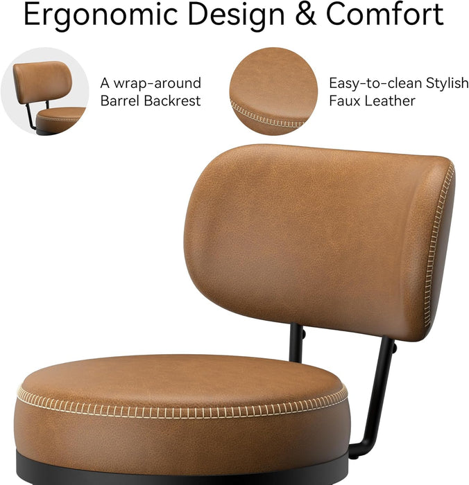Bar Stools Set of 2, Faux Leather 26" H Swivel Counter Height Barstools with Back, Mid Century Modern Bar Stools with Stylish Stitching for Kitchen Island, Metal Base, Saddle Brown