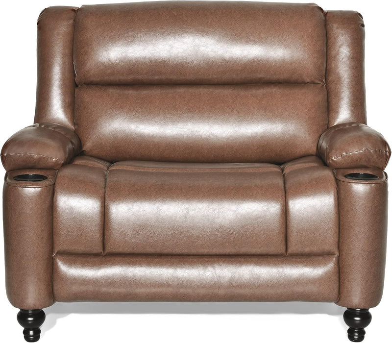 Carlo Oversized Manual Recliner Chair with Cup Holder, Faux Leather Recliner Sofa, Modern Reclining Accent Chair, Sturdy Wooden Frame, Brown