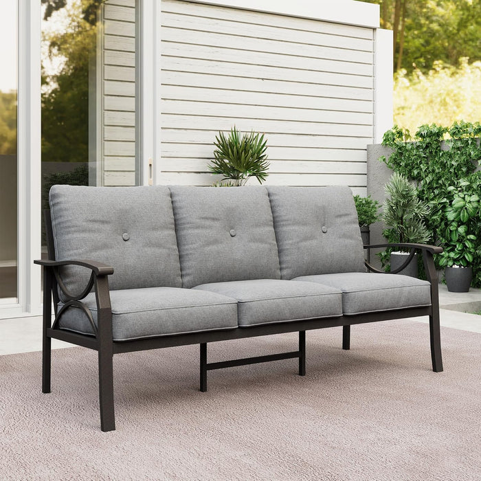 Patio 3 Seats Sofa, All-Weather Outdoor Couch, Patio Furniture Sofa,Khaki Metal Furniture with Gray Cushions
