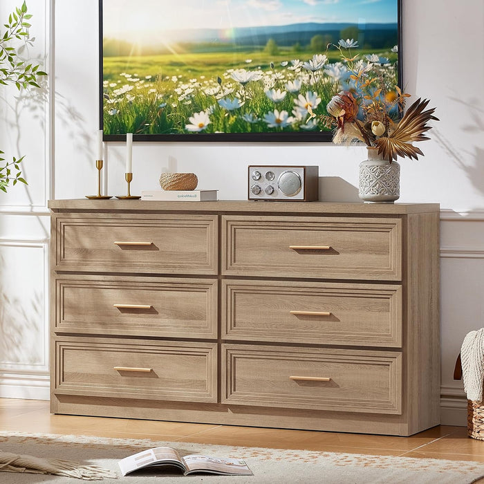 55.1" Wide Farmhouse 6 Drawers Dresser for Bedroom, Oak