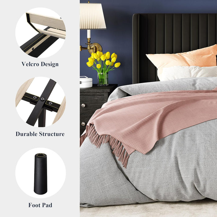 Queen Size Velvet Bed Frame/Vertical Channel Tufted Wingback Headboard/Upholstered Platform Bed/Strong Wooden Slats/No Box Spring Needed/Easy Assembly/Black