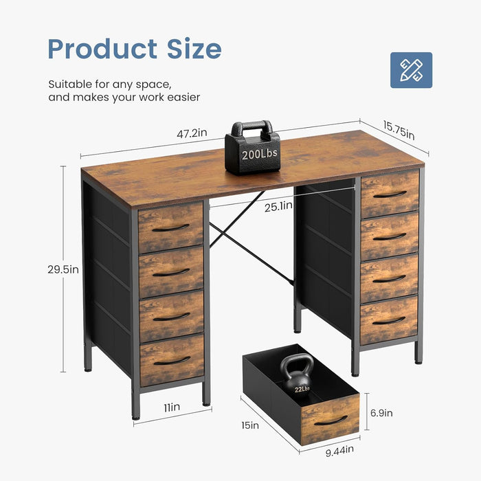47 Inch Computer Desk with 8 Fabric Drawers, Office Gaming Desk with Storage, Writing Study Table with X-Shaped Reinforced Structure, Dark Brown