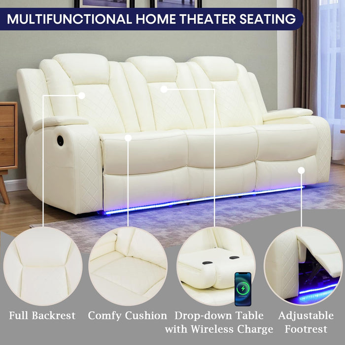 Power Recliner Sofa Set with LED Lights,Leather Reclining Sofa with USB Port/Wireless Charger/Storage Console/Cup Holder,Living Room Furniture Set for House/Home Theater(3 Piece Set,Creamy)