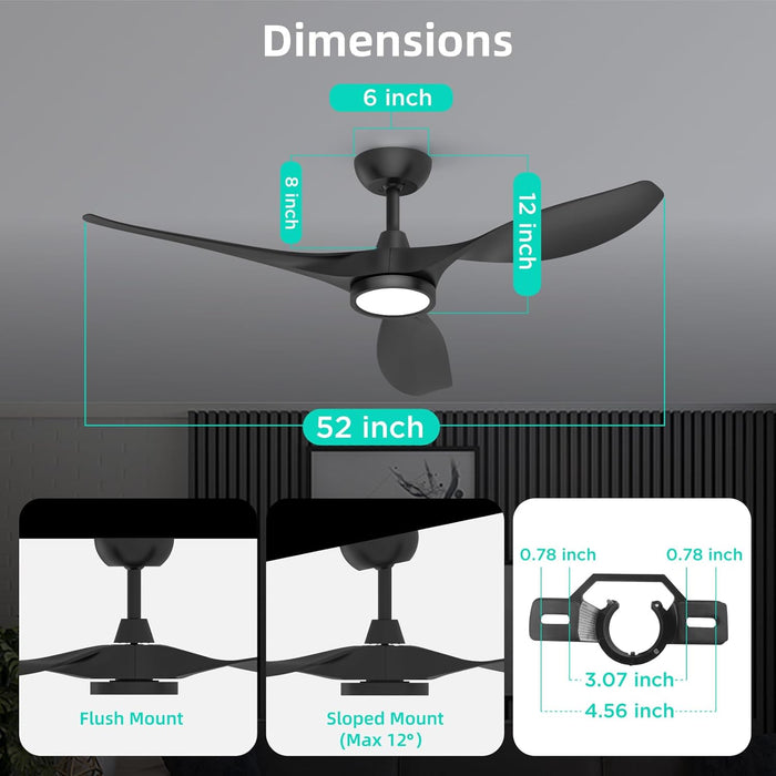 Ceiling Fans with Lights and Remote, Black Ceiling Fan 52 Inch Quiet DC Motor 3 CCT Memory Modern Large Airflow Noiseless Reversible 6 Speeds 3 Timers Indoor Outdoor for Bedroom Living Room