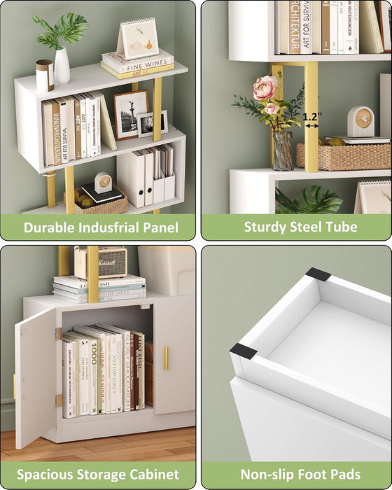 Geometric Bookcase with Cabinet, S Shaped Bookshelf 5-Tier Book Shelves for Bedroom, Modern Wood Decorative Display Shelf Tall Book Case for Home Office, Gold and White