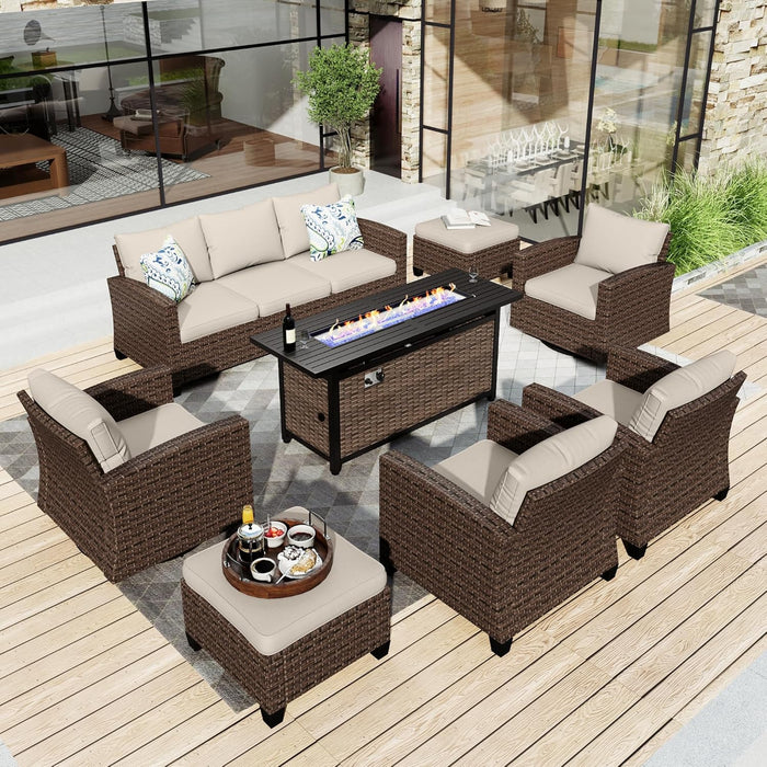 Patio Furniture Set with 56" Fire Pit Table, Swivel Rocker Chairs with Ottoman, Outdoor Wicker Conversation Set for Lawn Garden Deck Backyard, Beige