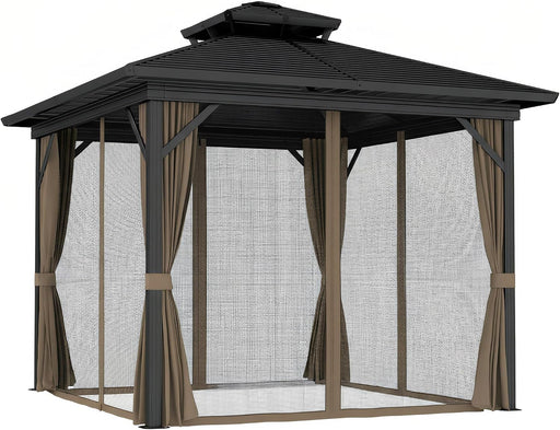 10' X 10' Hardtop Gazebo Canopy with Galvanized Steel Double Roof, Aluminum Frame, Permanent Pavilion Outdoor Gazebo with Netting and Curtains for Patio, Garden, Backyard, Dark Brown