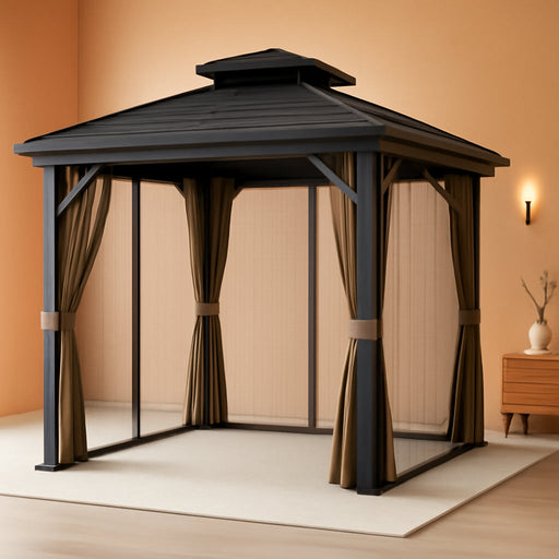 10' X 10' Hardtop Gazebo Canopy with Galvanized Steel Double Roof, Aluminum Frame, Permanent Pavilion Outdoor Gazebo with Netting and Curtains for Patio, Garden, Backyard, Dark Brown