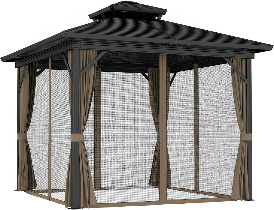 10' X 10' Hardtop Gazebo Canopy with Galvanized Steel Double Roof, Aluminum Frame, Permanent Pavilion Outdoor Gazebo with Netting and Curtains for Patio, Garden, Backyard, Dark Brown
