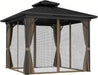 10' X 10' Hardtop Gazebo Canopy with Galvanized Steel Double Roof, Aluminum Frame, Permanent Pavilion Outdoor Gazebo with Netting and Curtains for Patio, Garden, Backyard, Dark Brown