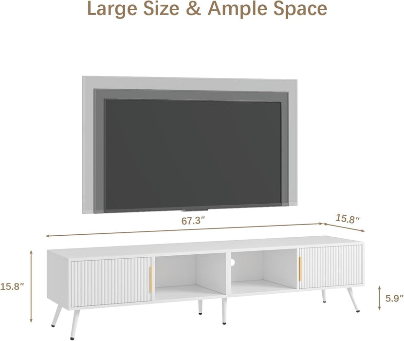 Fluted TV Stand for 55 65 70 75 78 Inch TV, Modern Chic Entertainment Center for Tvs, Entertainment Center with Storage, Television Stands, TV Media Console for Bedroom, Living Room (White)
