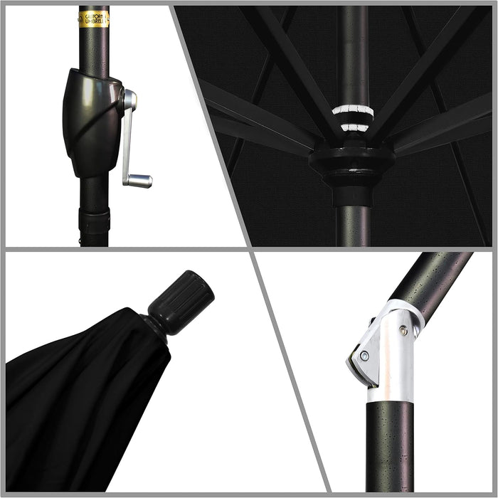 9' round Aluminum Market Umbrella, Crank Lift, Push Button Tilt, Black Pole, Black Olefin