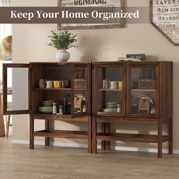 Sideboard Buffet Cabinet with Storage, Small Kitchen Coffee Wine Bar Cabinet with Glass Press-To-Open Doors, Wood Mid Century Modern Side Board Table for Dining Room, Living Room