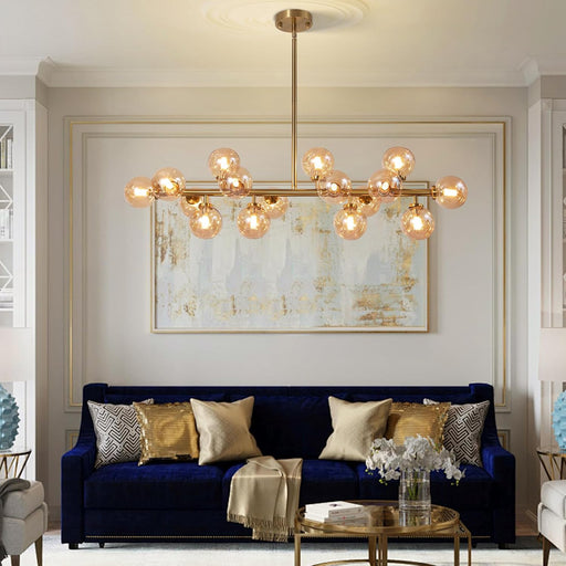 Gold Rectangular Chandelier With Amber Glass Globe