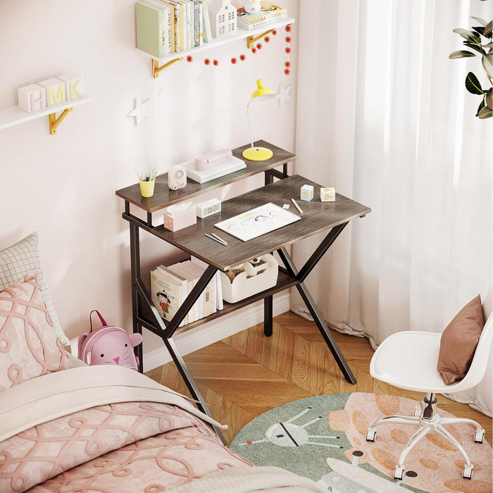 Small Desk, 27.5 Inch Small Computer Desk for Small Spaces, Compact Desk with Storage, Tiny Desk Study Desk with Monitor Stand for Home Office, Grey