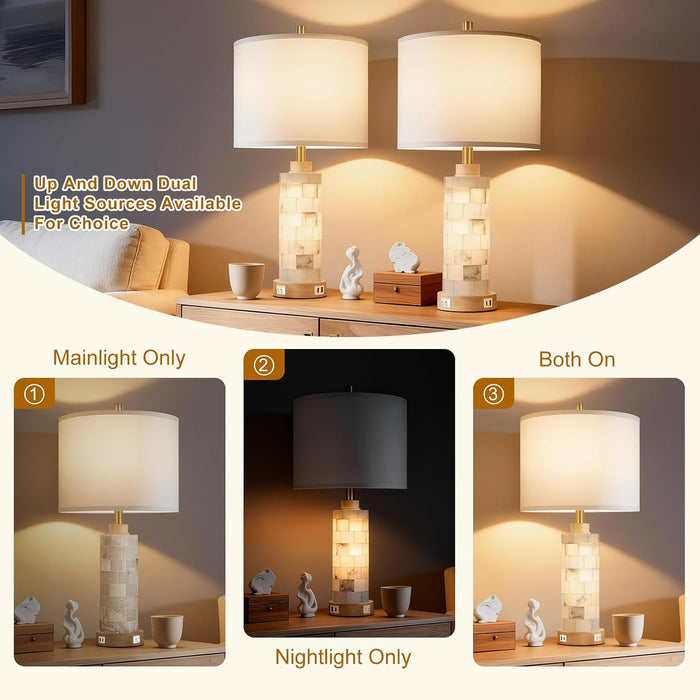27" Alabaster and Wood Table Lamps Set of 2 with Night Light