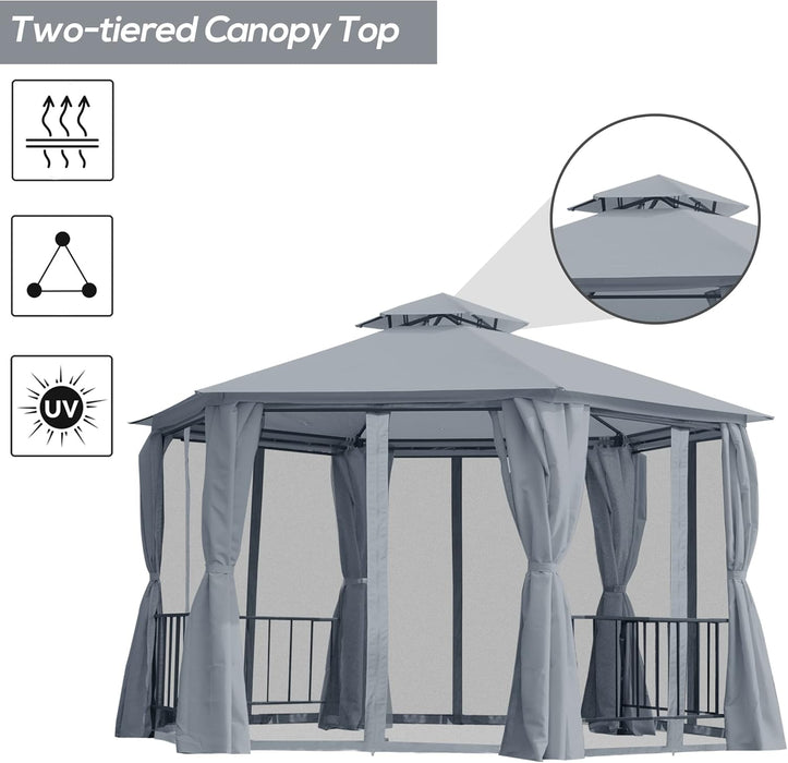 13' X 13' Patio Gazebo, Double Roof Hexagon Outdoor Gazebo Canopy Shelter with Netting & Curtains, Solid Steel Frame for Garden, Lawn, Backyard and Deck, Gray