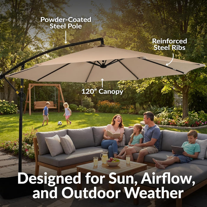 Sunnydaze 10Ft Cantilever Offset Patio Umbrella with Base Included for Porch, Deck, Pool, or Backyard - Polyester Sandbag Weight, Push-Button Tilt and Crank, Powder-Coated Steel Pole - Beige
