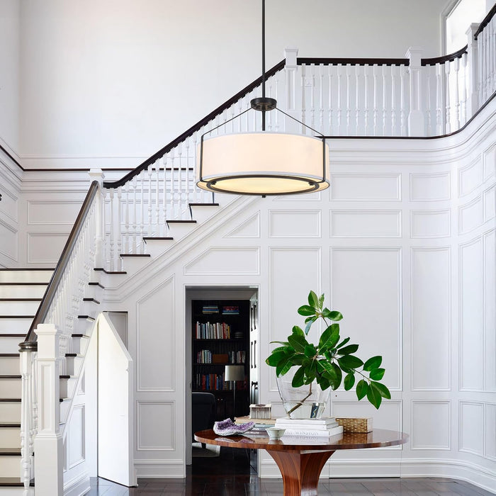 20Inches Drum Chandeliers, 5-Light Modern Farmhouse Pendant Light Fixture with White Linen Fabric Shade, Black round Adjustable Hanging Lights for Dining Room Bedroom Kitchen Foyer Entryway
