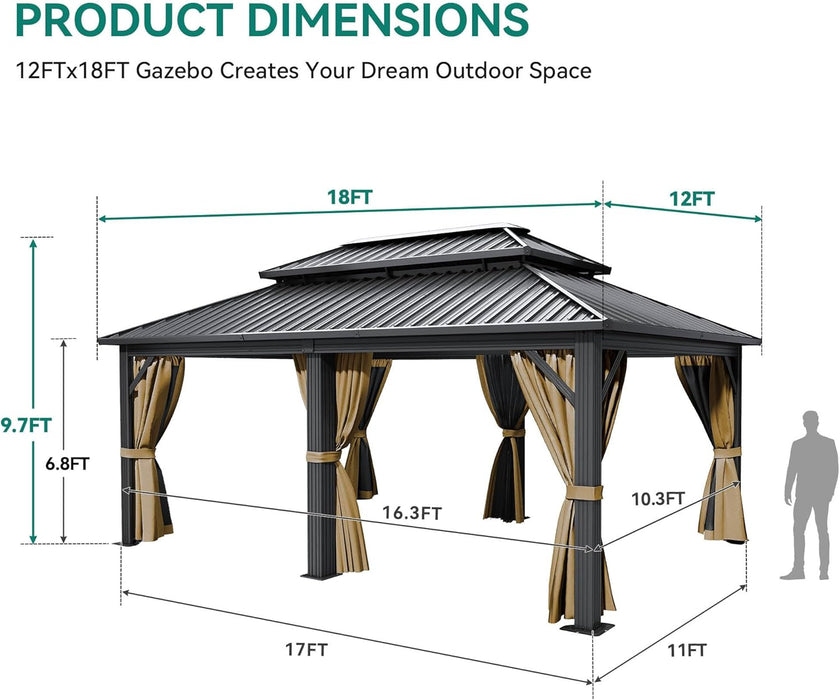 12X18FT Meatl Hardtop Gazebo Metal Double Roof Canopy Galvanized Iron Aluminum Pillar Garden Tent Curtains Netting for Patios Backyards Decks Lawns