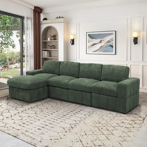 Sectional Sofa, 132" Oversized 4 Seater Couch with Ottoman for Living Room, Corduroy, Green