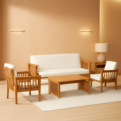 Patio Furniture Set 4 Pieces Outdoor Acacia Wood Conversation Sets with Coffee Table & Cushions, Garden Conversation Bistro Sets for Patio, Lawn, Yard, Pool or Backyard, Brown